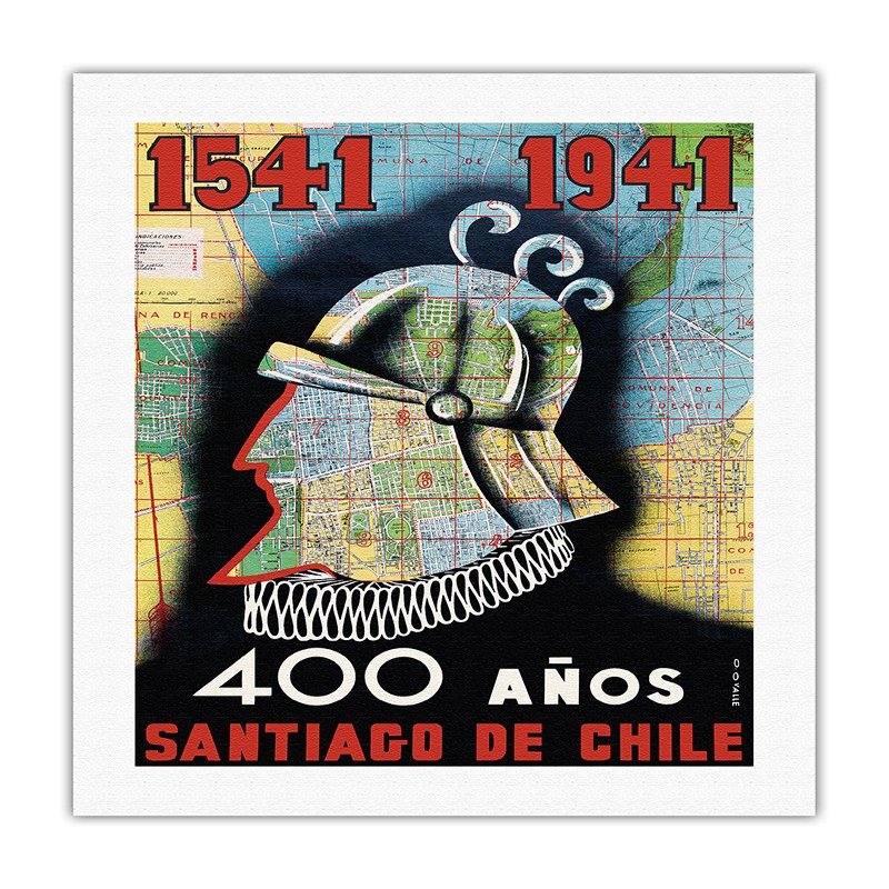 1541 to 1941-400 Aos Santiago de Chile (400 Year Anniversary of Santiago Chile) - Conquistador - Vintage Travel Poster by O.O. Valle c.1941 - Fine Art Rolled Canvas Print 20in x 26in