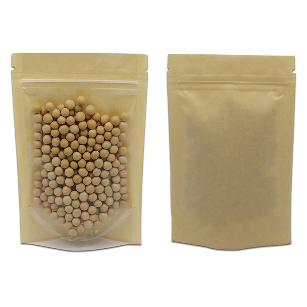 FERENLI 50 Pcs 6.3x9.4 inch Clear Front Brown Kraft Paper for Zip Plastic Package Lock Bag Doypack Stand Up Pouch Zipper Lock Reclosable Pouch Nuts Coffee Food Storage Packaging Pack
