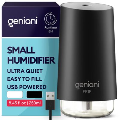 GENIANI Portable Small Cool Mist Humidifier USB Powered (Not Rechargeable), Compact Desktop Humidifier for Plants, Office, Baby Room Auto Shut Off & Night Light Black, 0.25L