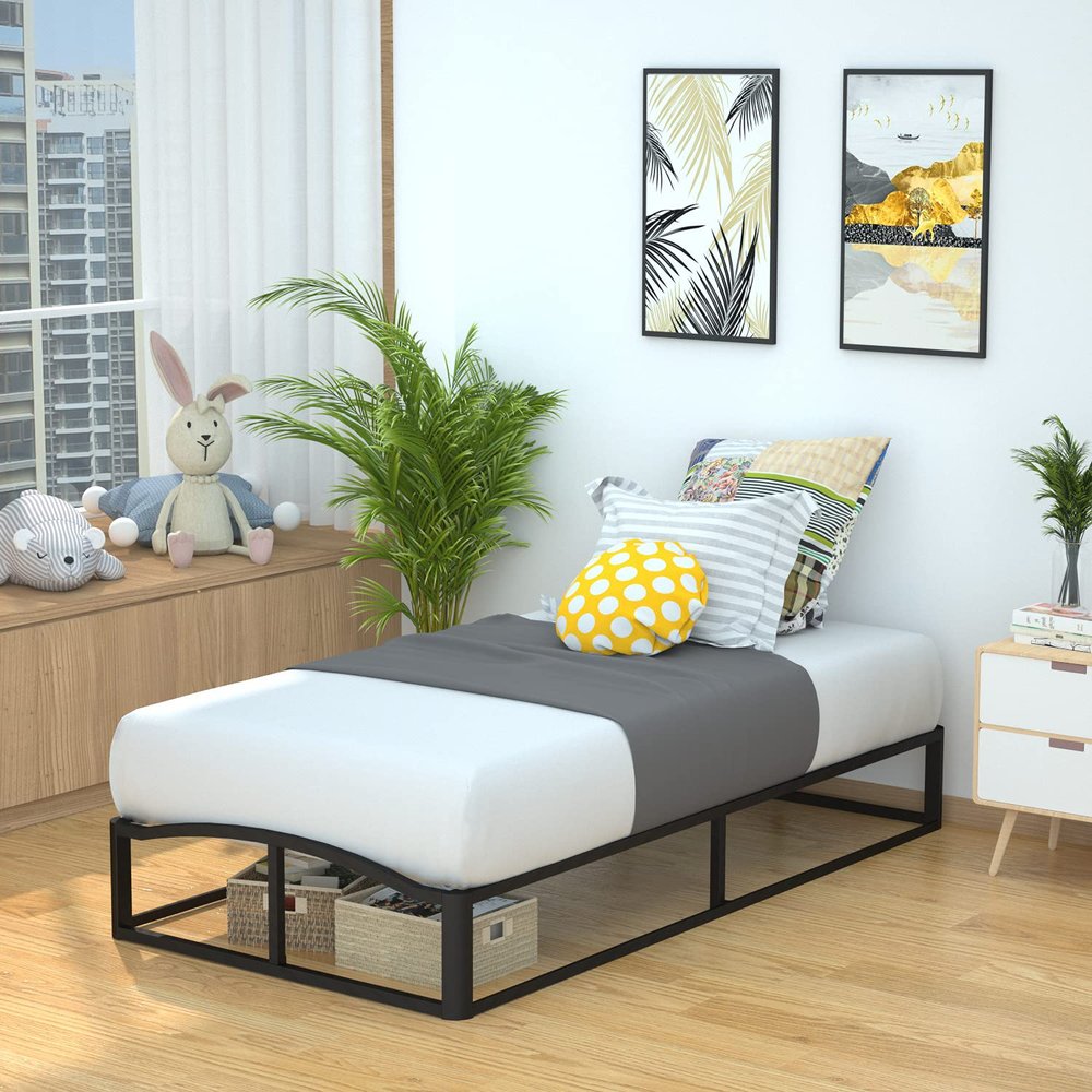 Amazon Basics Metal Platform Bed Frame, with Wood Slat Support, 10 inches High, Twin, Black