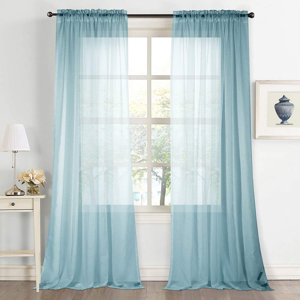 vctops Linen Textured Window Curtains for Bedroom Rod Pocket Solid Sheer Voile Curtain for Living Room Drapes, 2 Panels (Blue,84"x63")
