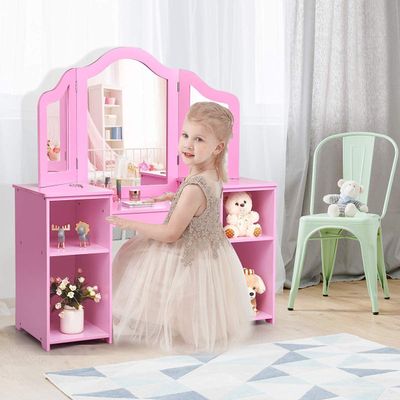 HONEY JOY Kids Vanity, Little Girls Vanity Set with Tri-Folding Mirror, Wooden Princess Makeup Dressing Table, Toddler Vanity, Pretend Play Kids Vanity Table and Chair Set (Pink)
