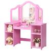 HONEY JOY Kids Vanity, Little Girls Vanity Set with Tri-Folding Mirror, Wooden Princess Makeup Dressing Table, Toddler Vanity, Pretend Play Kids Vanity Table and Chair Set (Pink) view 2