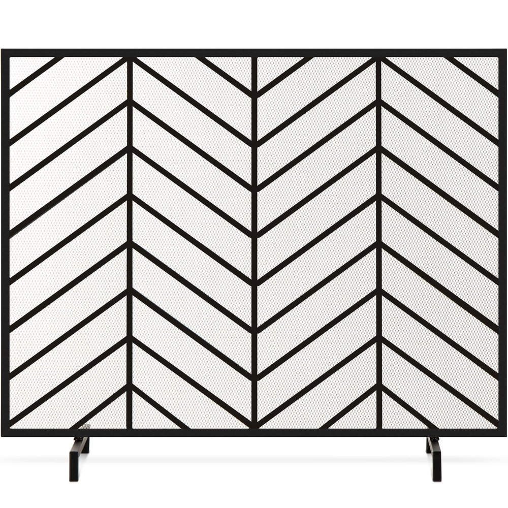 Best Choice Products 38x31in Single Panel Handcrafted Wrought Iron Mesh Chevron Fireplace Screen, Fire Spark Guard for Living Room, Bedroom Dcor w/Distressed Antique Finish - Satin Black
