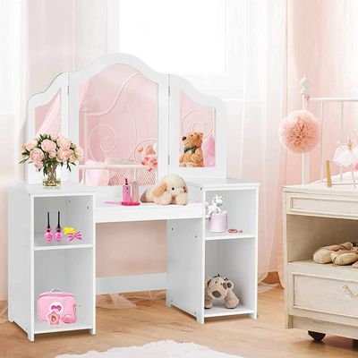 HONEY JOY Kids Vanity, Little Girls Vanity Set with Tri-Folding Mirror, Wooden Princess Makeup Dressing Table, Toddler Vanity, Pretend Play Kids Vanity Table and Chair Set (White)