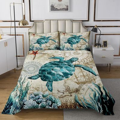 3D Sea Turtle Bedspreads Blue Queen for Boys Kids Girl Ocean Beach Themed 3 Piece Decorative Bedding Children Teens Retro Tortoise Coverlet Hawaiin Turtle Printed Bedspread/Quilt Set for All Seasons