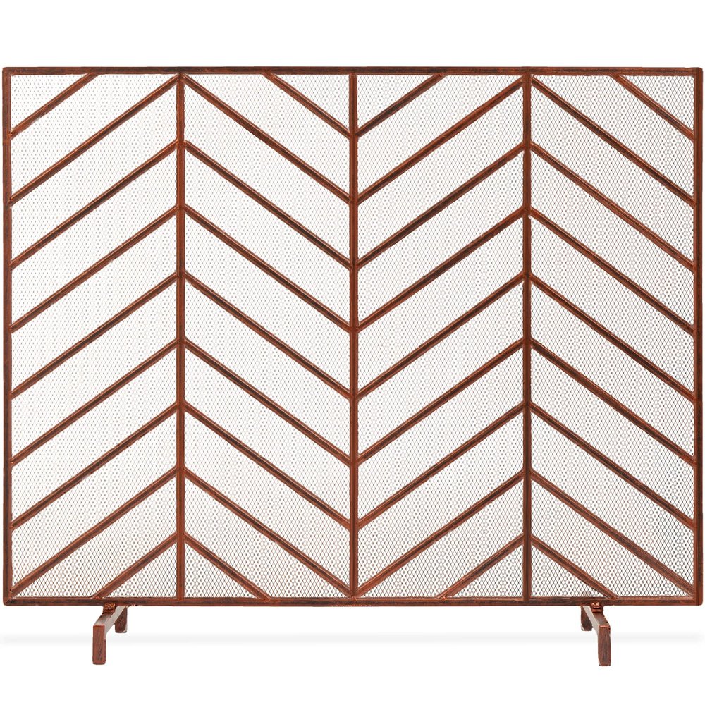 Best Choice Products 38x31in Single Panel Handcrafted Wrought Iron Mesh Chevron Fireplace Screen, Fire Spark Guard for Living Room, Bedroom Dcor w/Distressed Antique Finish - Copper