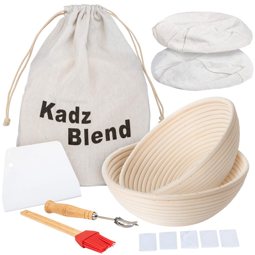 2 Set 9 inch and 10 Inch Round Bread Wooden Basket- Benneton Proofing Basket for Sourdough- 1x Dough Scraper+2x Cloth Lining+1x Plastic bread lame+ 1x Bread Bag-Everything Needed for Delicious Artisan