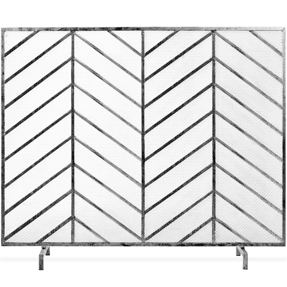 Best Choice Products 38x31in Single Panel Handcrafted Wrought Iron Mesh Chevron Fireplace Screen, Fire Spark Guard for Living Room, Bedroom Dcor w/Distressed Antique Finish - Pewter