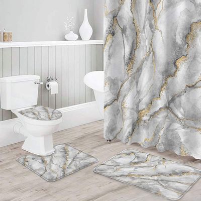 4 Pcs Shower Curtain Set Bathroom Sets, 36"x72" Absorbent Non-Slip Bathroom Rugs Bath Mat and Toilet Lid Cover, Watercolor Gold and Gray Marble Textured Waterproof Bath Curtain with Hooks