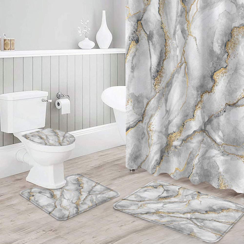 4 Pcs Shower Curtain Set Bathroom Sets, 36"x72" Absorbent Non-Slip Bathroom Rugs Bath Mat and Toilet Lid Cover, Watercolor Gold and Gray Marble Textured Waterproof Bath Curtain with Hooks