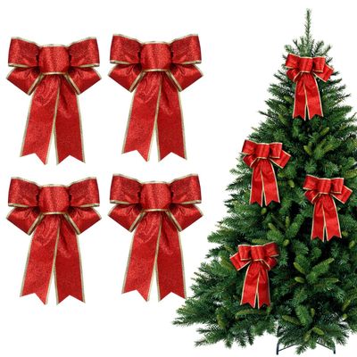 5pcs Christmas Ribbon Bows Large Christmas Tree Bowknot Hanging Pendant Decoration for Xmas Tree Wreaths Boxes (Red)