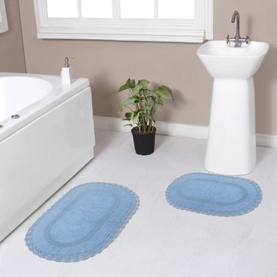 Home Weavers Hampton Crochet Reversible Bathmat 100% Cotton Bathroom Rugs Set, Washable Rug, Extra Soft and Absorbent Bath Rug, Kitchen Mat, Bath Mat Set, Mat Non Slip, 2 Piece Set(S+M), Blue