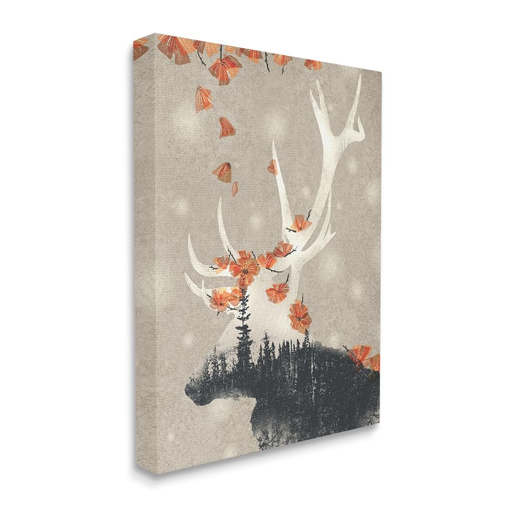 Stupell Industries Tree Forest Elk Silhouette Orange Florals, Design by Ziwei Li Canvas Wall Art, 24 x 30, Brown