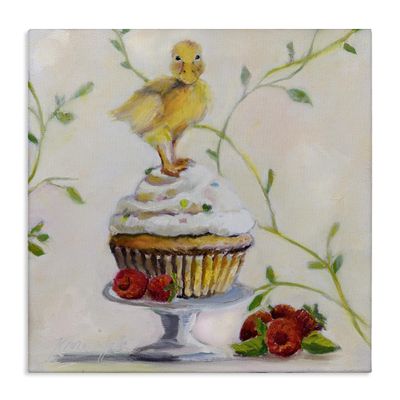 Stupell Industries Baby Duck on Raspberry Cupcake Dessert Painting Canvas Wall Art, 17x17, Beige