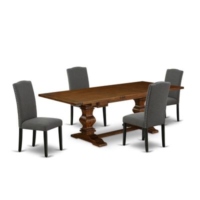 East West Furniture LAEN5-81-20 5 Piece Dining Table Set Includes a Rectangle Wooden Table with Removable Leaf and 4 Dark Gotham Linen Fabric Upholstered Chairs, 42x92 Inch, Walnut