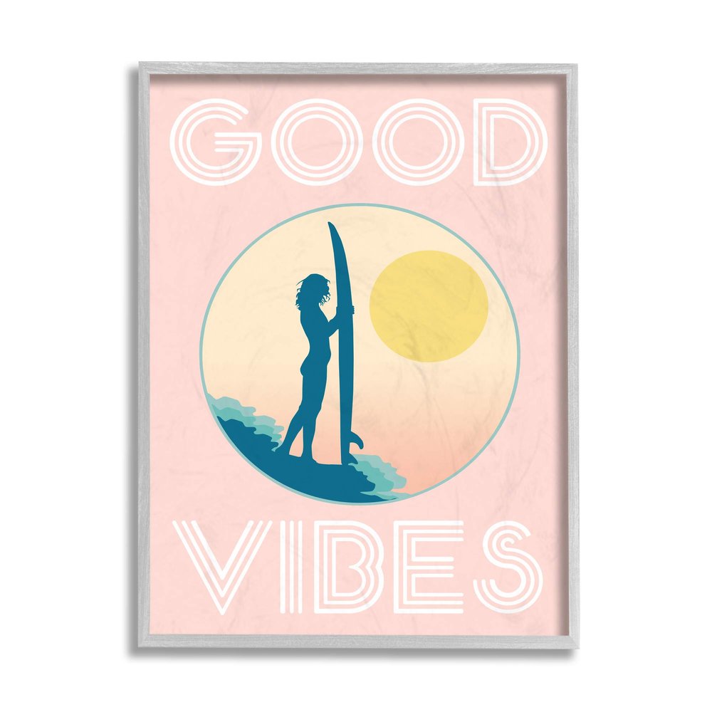 Pink Good Vibes Text Surfer Chick Sunrise