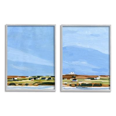Stupell Industries Abstract Seaside Town Landscape Soft Blue Green, Design by Emma Scarvey Grey Framed Wall Art, 2pc, Each 11 x 14