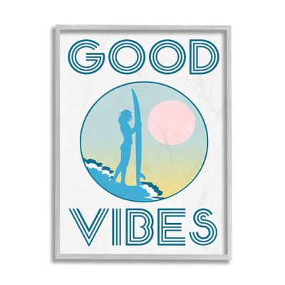 Stupell Industries Good Vibes Text Blue Surfer Chick Sunset