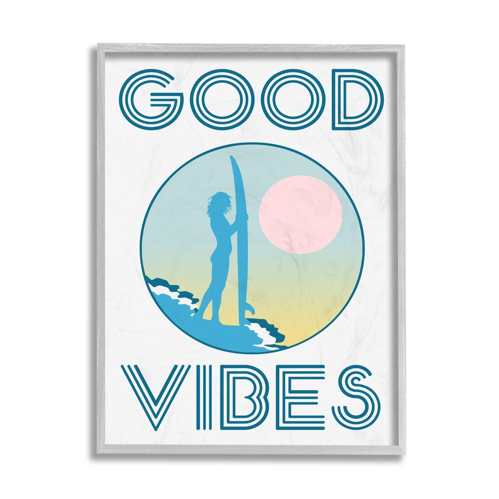 Stupell Industries Good Vibes Text Blue Surfer Chick Sunset