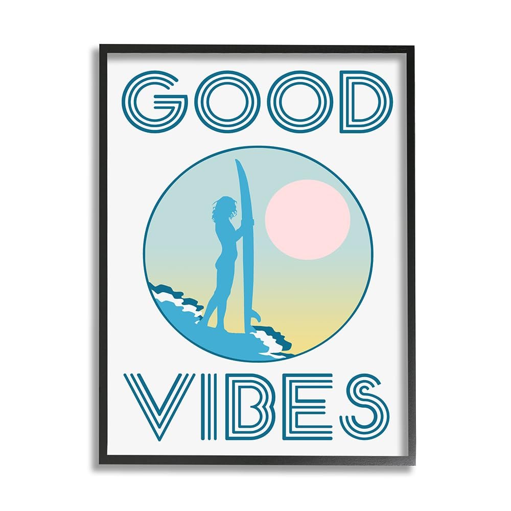 Stupell Industries Good Vibes Text Blue Surfer Chick Sunset, Design by Daphne Polselli Black Framed Wall Art, 16 x 20