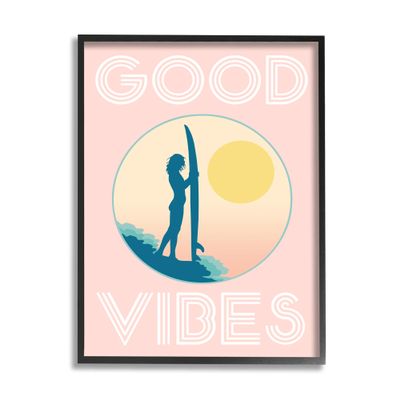 Pink Good Vibes Text Surfer Chick Sunrise