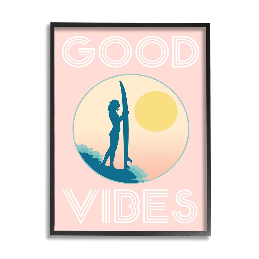 Pink Good Vibes Text Surfer Chick Sunrise