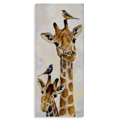 Stupell Industries Giraffe Jungle Animal Portrait Perched Birds, Design by Karen Weber Fine Canvas Wall Art, 17x40, Off- White