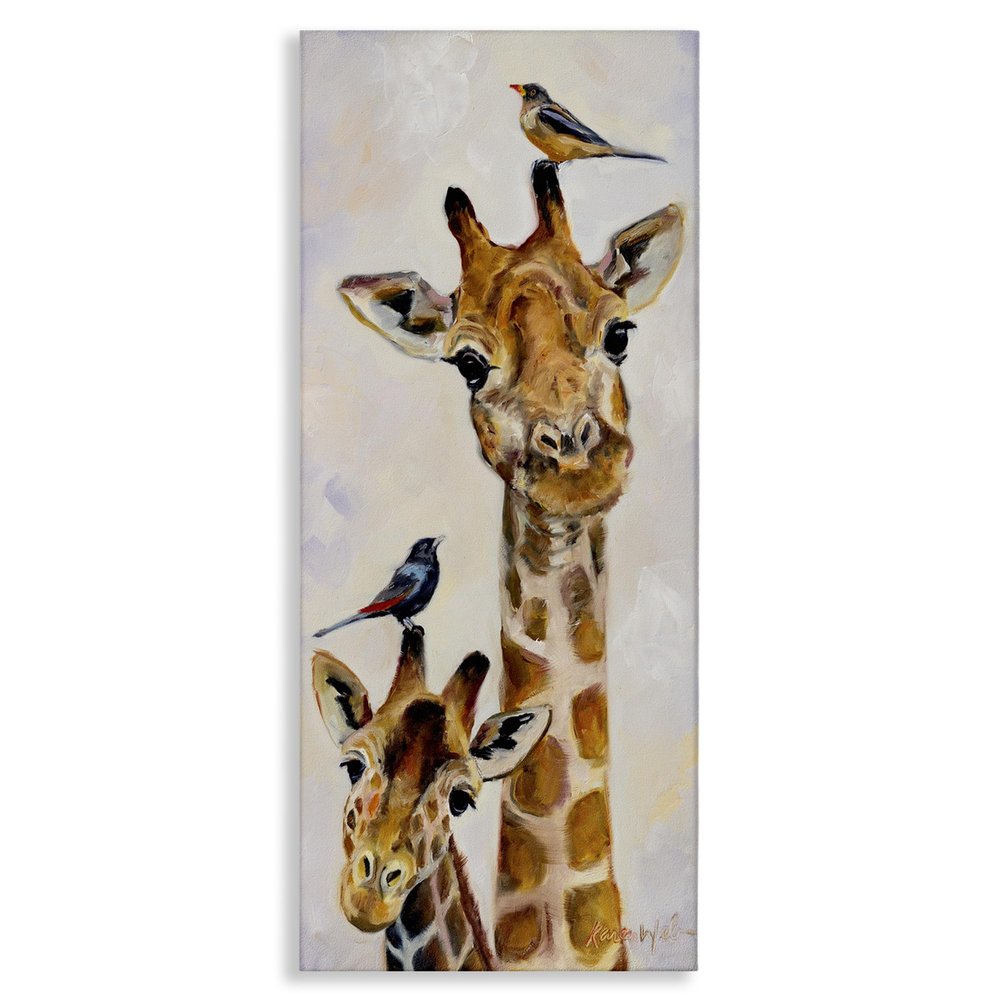 Stupell Industries Giraffe Jungle Animal Portrait Perched Birds, Design by Karen Weber Fine Canvas Wall Art, 17x40, Off- White