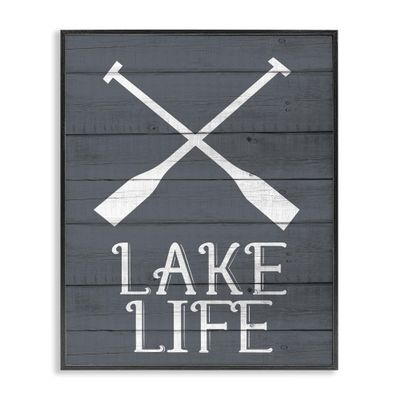 Stupell Industries Nautical Blue Lake Life Phrase Rustic Boat Oars, Design by Kim Allen Black Framed Wall Art, 16x20