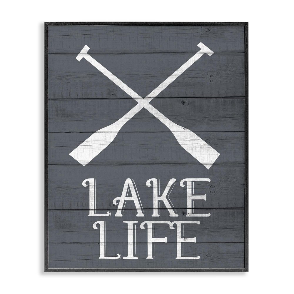 Stupell Industries Nautical Blue Lake Life Phrase Rustic Boat Oars, Design by Kim Allen Black Framed Wall Art, 16x20