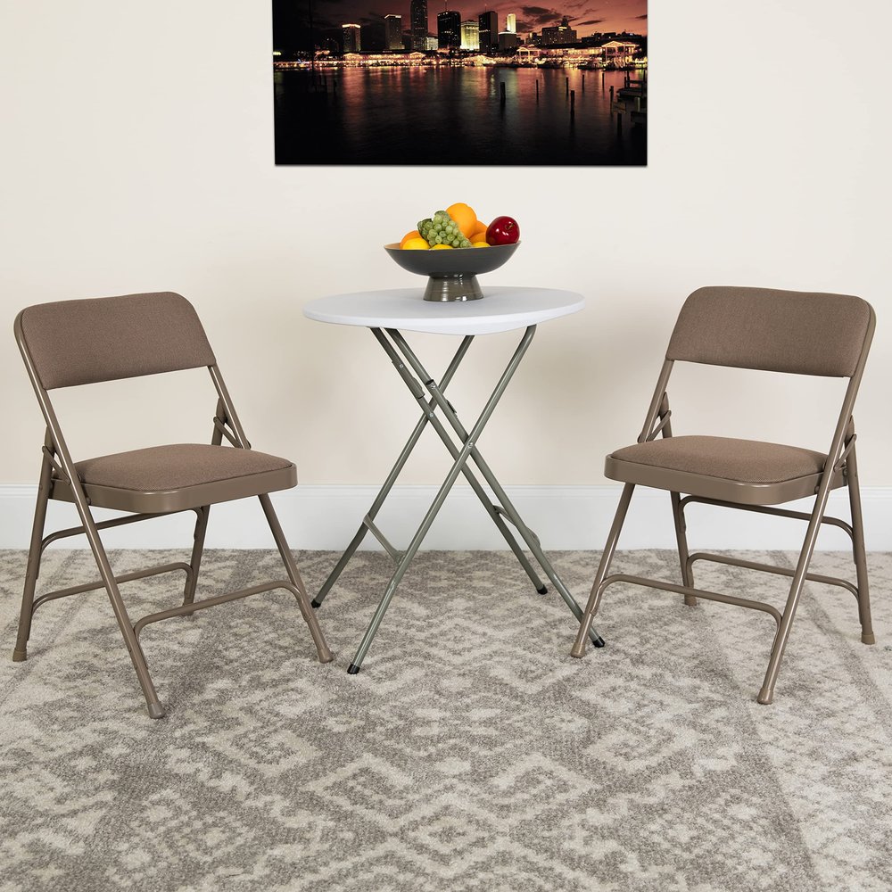 BizChair 2 Pack Curved Triple Braced Beige Fabric Metal Folding Chair