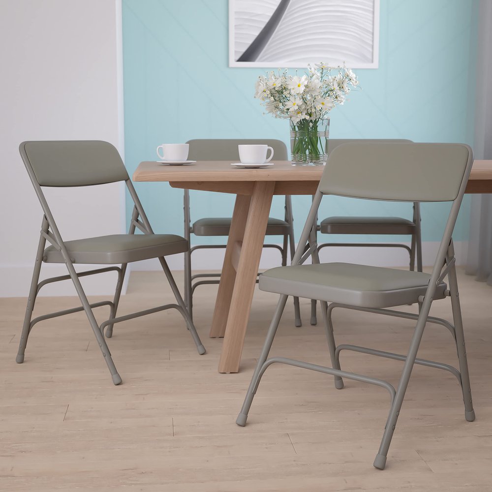 BizChair 4 Pack Curved Triple Braced Gray Vinyl Metal Folding Chair