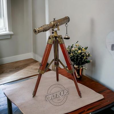 Brass Telescope on Wood Tripod Stand, Vintage Style, Spyglass Collectibles, Table Desk Home Dcor, for Collector, Men, Secret Santa, New Year Present for Father, Him