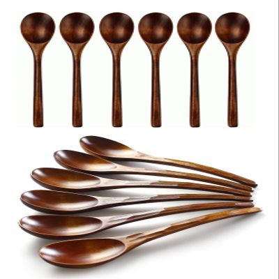 6 Pieces Japanese Wooden Spoons, 6 Pieces Soup Spoon, Wood Long Handle Kids Rice Dessert Cooking Tasting Dinner Table Spoon for Kitchen Restaurant