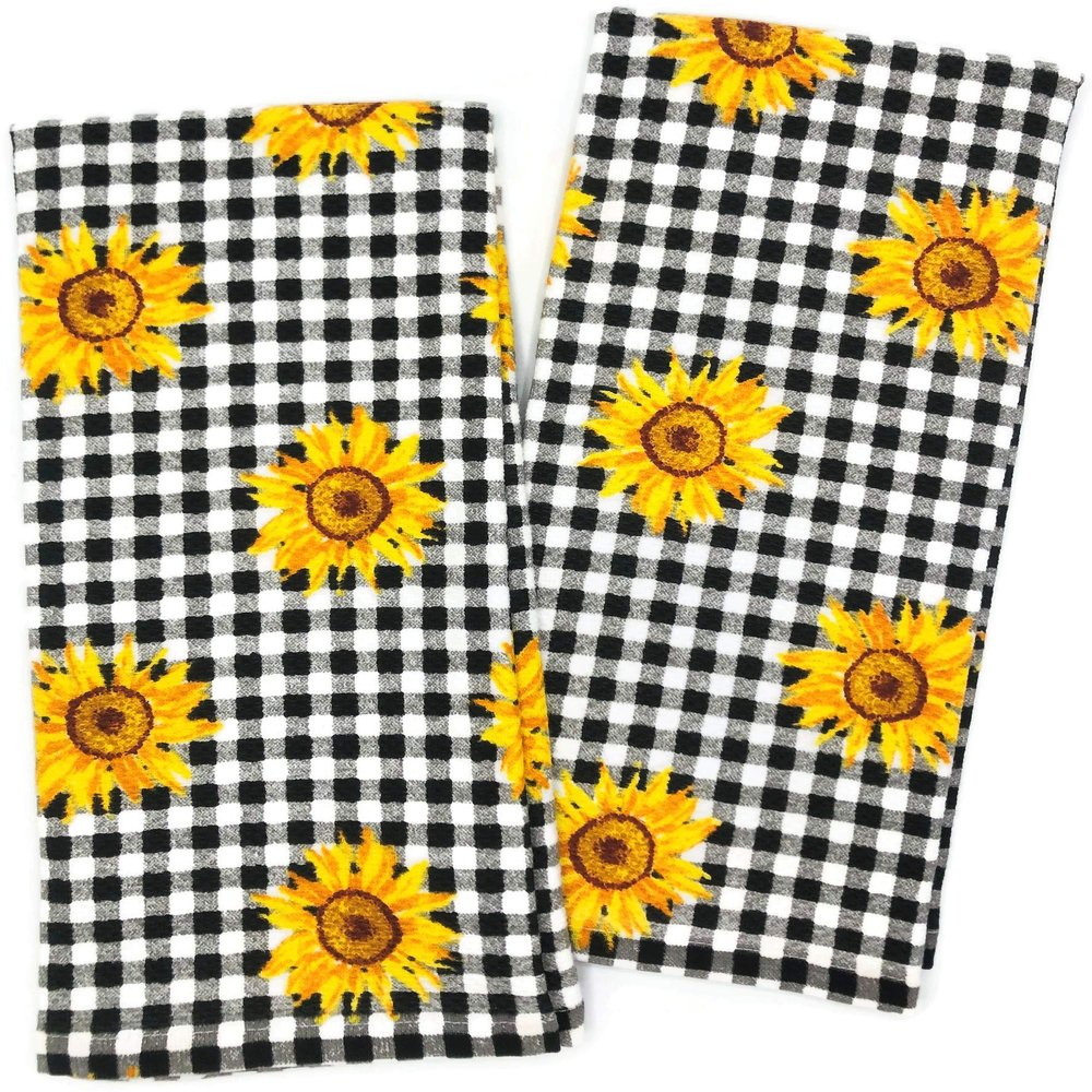 Storehouse Sunflowers on Black Checkered Kitchen Towels Dishtowels, Set of 2 Soft Absorbent Checkered Sunflowers Kitchen Hand Towels Kitchen Decor