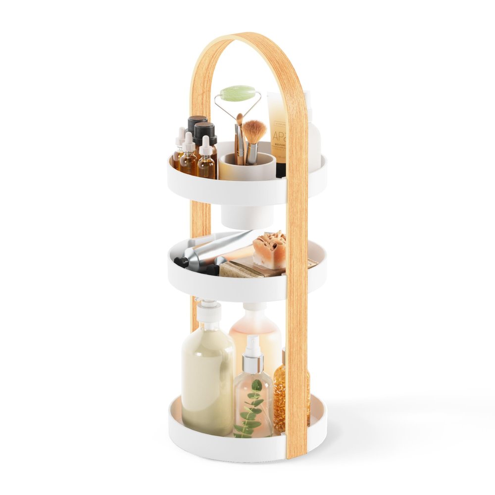 Umbra Bellwood Caddy, Organizer for Makeup and Cosmetics, Durable Rotating Container with Wooden Handle, Large, White/Natural