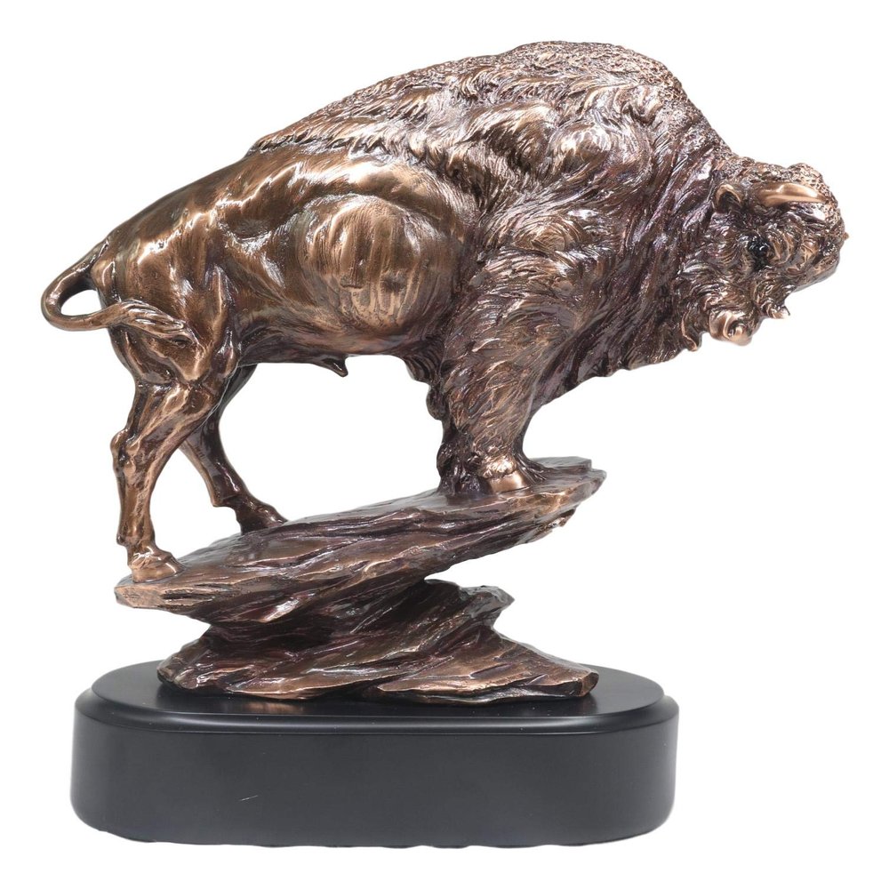 Ebros Buffalo Jump Wild American Bison On Cliff Edge Statue in Bronze Electroplated Finish Resin with Trophy Base Western Rustic Decor Bulls Buffaloes Figurine