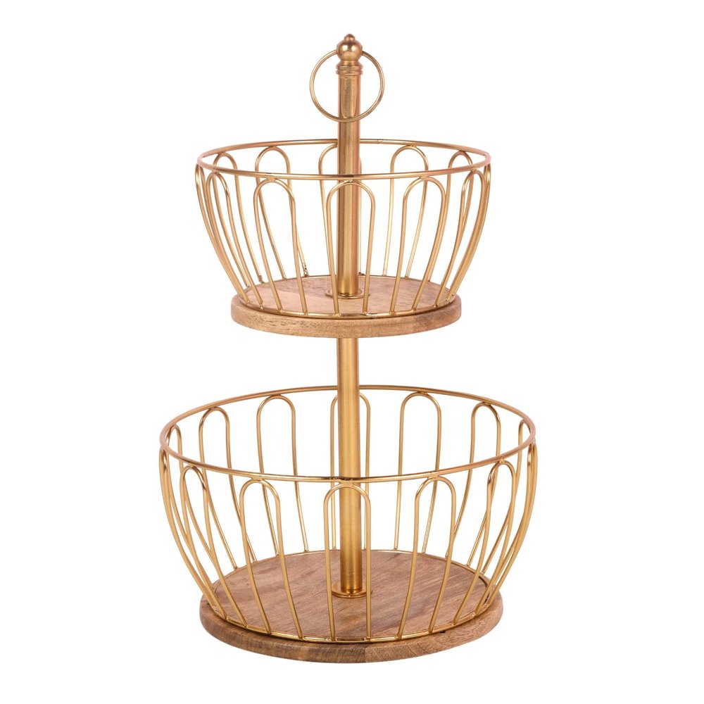 Craft Brio 2 Tier Home and Kitchen Fruit Vegetable Baskets Metal and Wooden Multicolor Black/Gold/Rose Gold Size (16.5 Inches Height) (Gold)