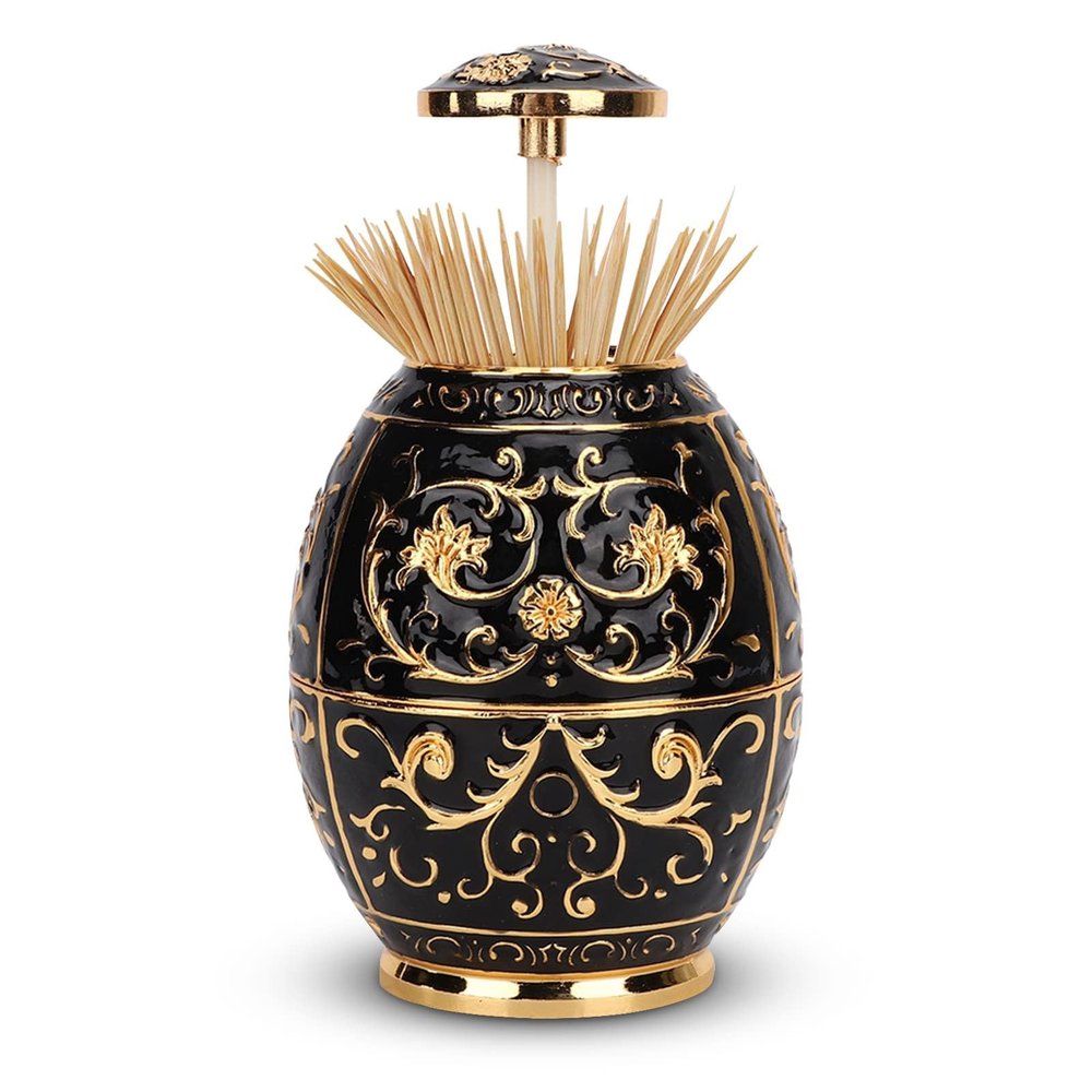 Retractable Toothpick Holder Portable Toothpick Dispenser Hand Push Toothpicks Case Automatic Retro Pop up Toothpicks Storage Organizer Container for Kitchen Home Restaurant Decoration(Gold+Black)