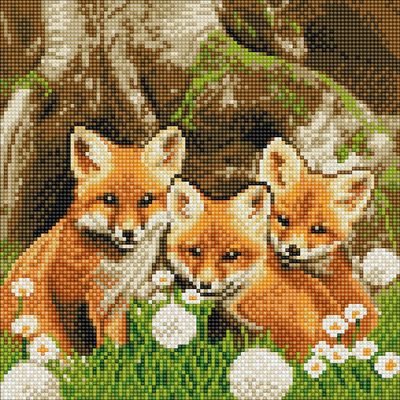 Crystal Art Medium Framed Mounted Wall Art Kit (11.8in x 11.8in) - Fox Cubs - Diamond Painting Kit for ages 8 and up
