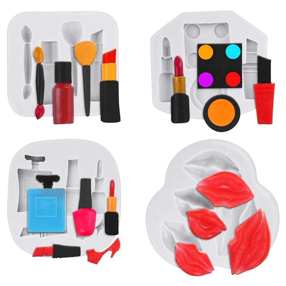 4 Pieces Makeup Theme Silicone Molds Valentine Fondant Molds Lipstick Perfume Lips High Heel for Cake Chocolate Cupcake handcraft DIY Supplies
