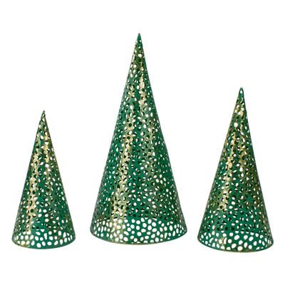 Christmas Cone Trees - 16" - Green and Gold - Set of 3