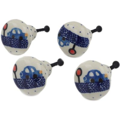Polmedia Polish Pottery Set of 4 Drawer Pull Knobs 1-1/2 inch - Cars Pattern Handmade in Boleslawiec Poland by Ceramika Artystyczna + Certificate of Authenticity
