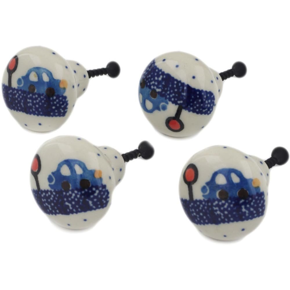 Polmedia Polish Pottery Set of 4 Drawer Pull Knobs 1-1/2 inch - Cars Pattern Handmade in Boleslawiec Poland by Ceramika Artystyczna + Certificate of Authenticity