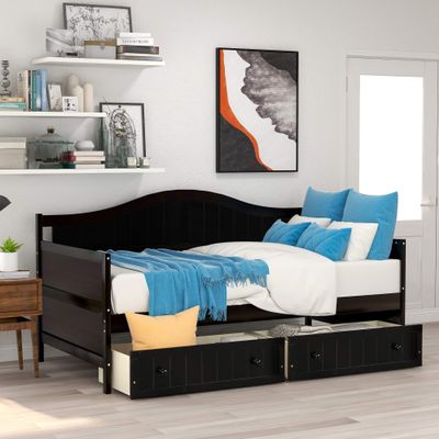 Twin Daybed with 2 Drawers and Armrest, Space-Saving Wooden Sofa Bed for Bedroom Living Room, No Box Spring Needed (Espresso)