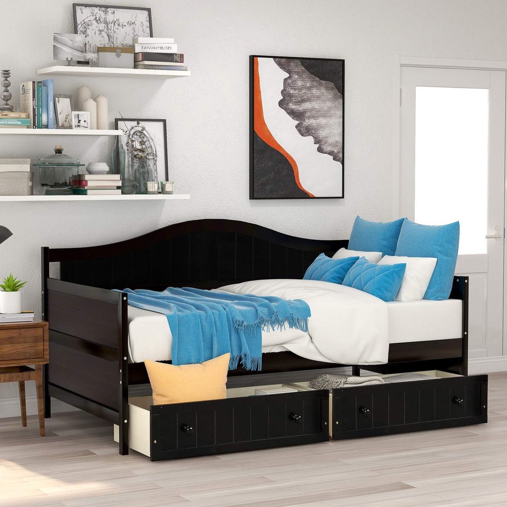 Twin Daybed with 2 Drawers and Armrest, Space-Saving Wooden Sofa Bed for Bedroom Living Room, No Box Spring Needed (Espresso)