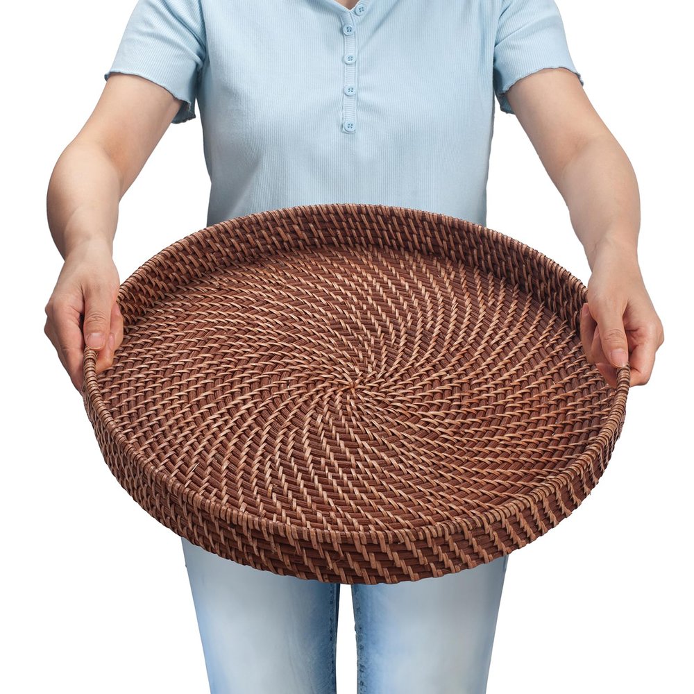 16.9 inch Rattan Tray, Round Wicker Tray with Cut-Out Handles, Woven Serving Tray for Dining/Coffee Table