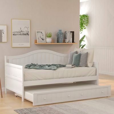KLMM Twin Daybed with Trundle Bed and Armrest, Space-Saving Wooden Sofa Bed for Bedroom Living Room, No Box Spring Needed (White)