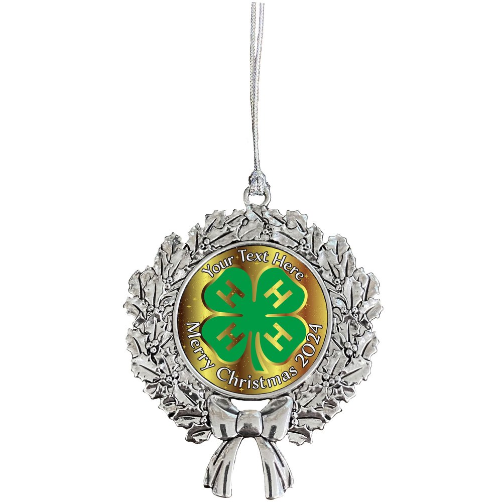 4-H Club Agri Merry Christmas Ornament Gift Frame Heart or Wreath Choose Your Text (Wreath)